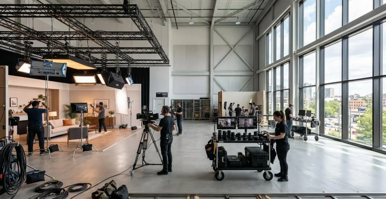 Vue grand angle d'un plateau de tournage professionnel moderne avec rails de travelling et éclairages suspendus, sans présence humaine