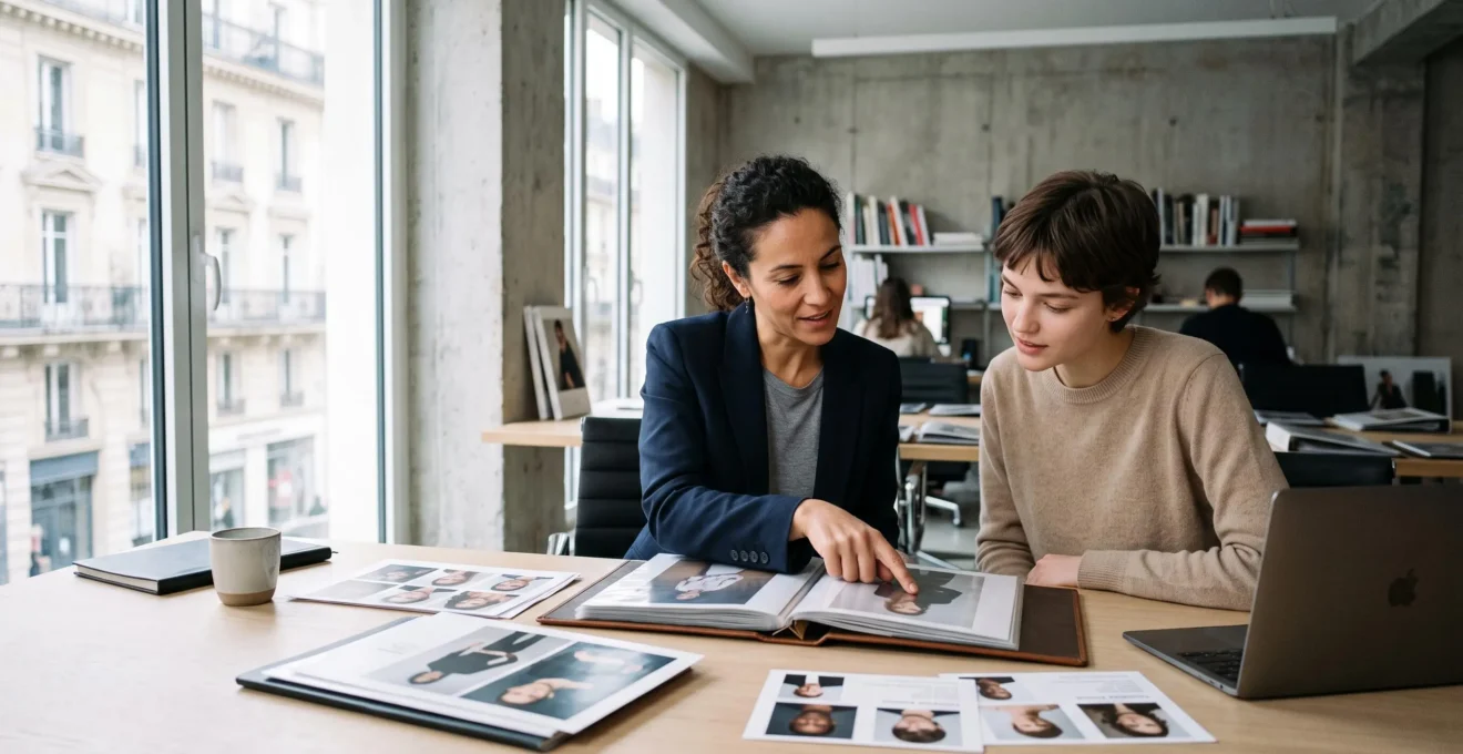 Agent d'une agence de mannequins parisienne examinant des portfolios avec une jeune mannequin dans un bureau moderne