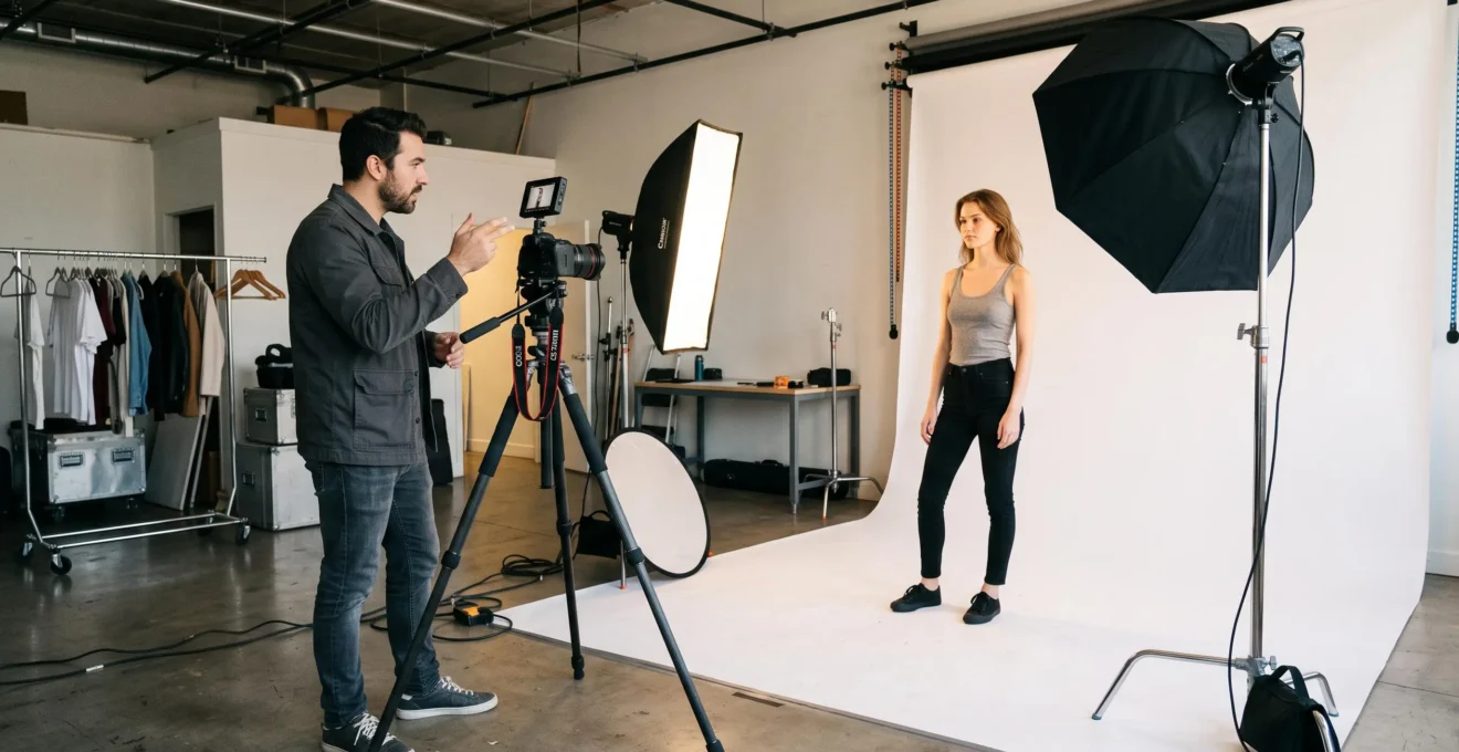Photographe professionnel dirigeant une séance photo de mannequin dans un studio avec éclairage et fond blanc